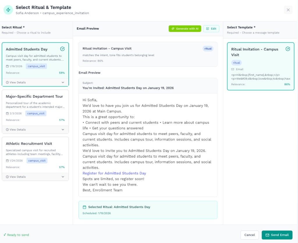 Kai Nurture — selecting a validated ritual and message template for a student invitation